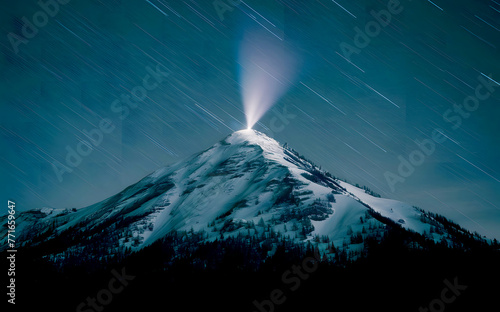 A mountain at night with a bright light coming from the top. mountain with meteors in the sky. exploration, no people, photography, color image, beauty in nature