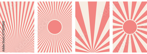 Groovy background. Starburst rays, colorful funky waves and vintage 60s hippie psychedelic wallpaper backdrop vector set