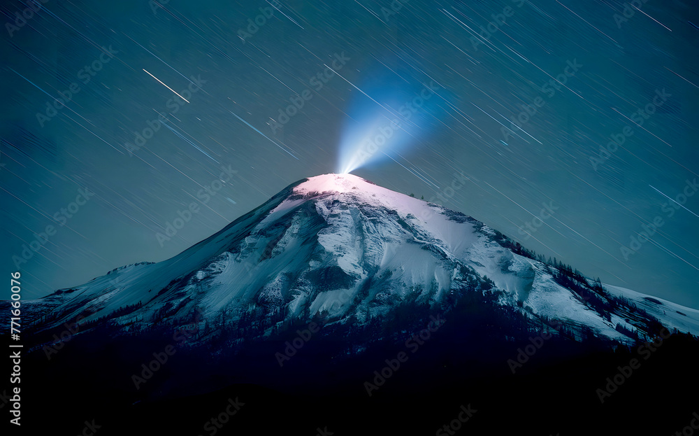 A mountain at night with a bright light coming from the top. mountain with meteors in the sky. exploration, no people, photography, color image, beauty in nature