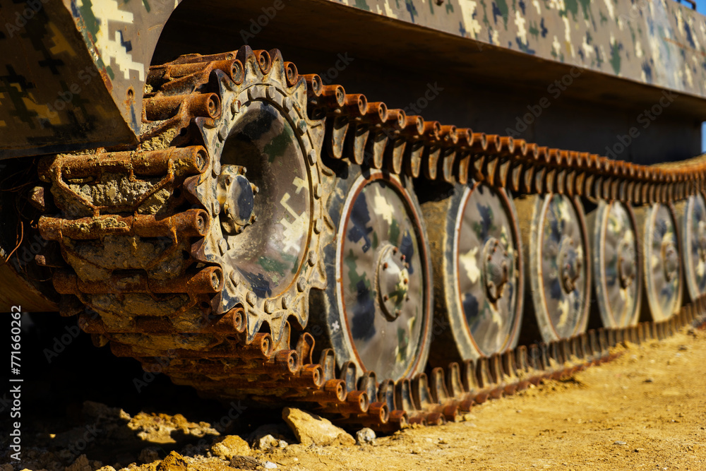 Battlefield tanks and technology. military technology. Wide image for banners, advertisements. Caterpillars in close-up