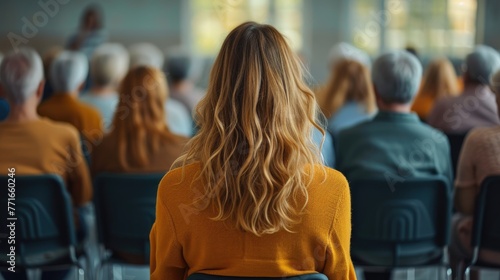 Attentive Woman at Seminar, woman in a mustard sweater attentively listens at a seminar, surrounded by other participants, focusing on the speaker ahead