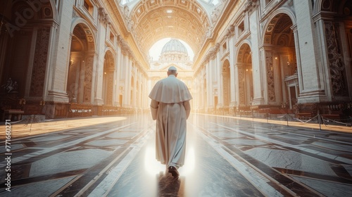 Solemn Cathedral Walk, clergy member walks through the hallowed halls of a cathedral bathed in divine light