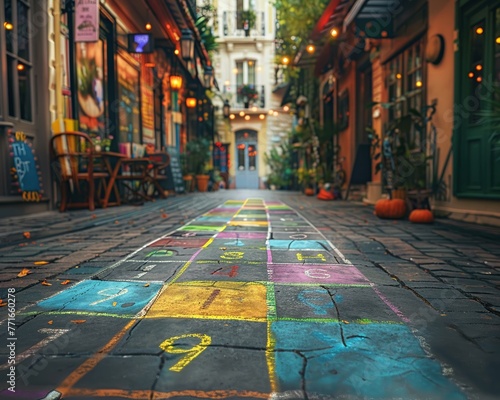 Urban street with colorful hopscotch drawn on pavement, city life backdrop, playful and lively atmosphere , hyper realistic