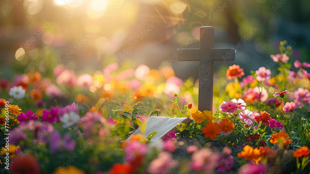 The image of a Bible and a cross with a vibrant floral garden in the background The image of a Bible and a cross with a vibrant floral garden in the background