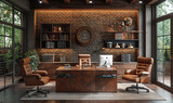 Elegant home office with brick wall, wooden desk, leather chairs, and bookshelves. Vintage style with modern computer.
