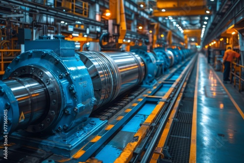 Heavy cylindrical steel machinery operating within an industrial environment with blue tones
