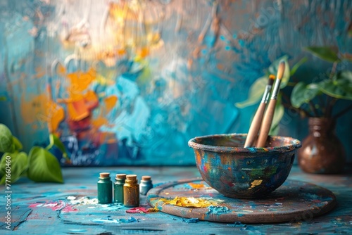 A vibrant setup showcasing a palette, paintbrushes and small paint containers, hinting at the creative process in art photo