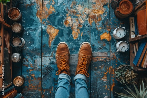 Overhead view of a traveler’s feet on a world map, symbolizing wanderlust and the planning of a global journey