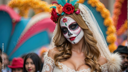 beautiful woman with painted skull on her face for Mexico's Day of the Dead