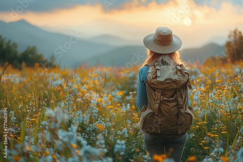 A woman traveler with backpack stands amidst wildflowers enjoying the mountain vista as the sun sets © Larisa AI