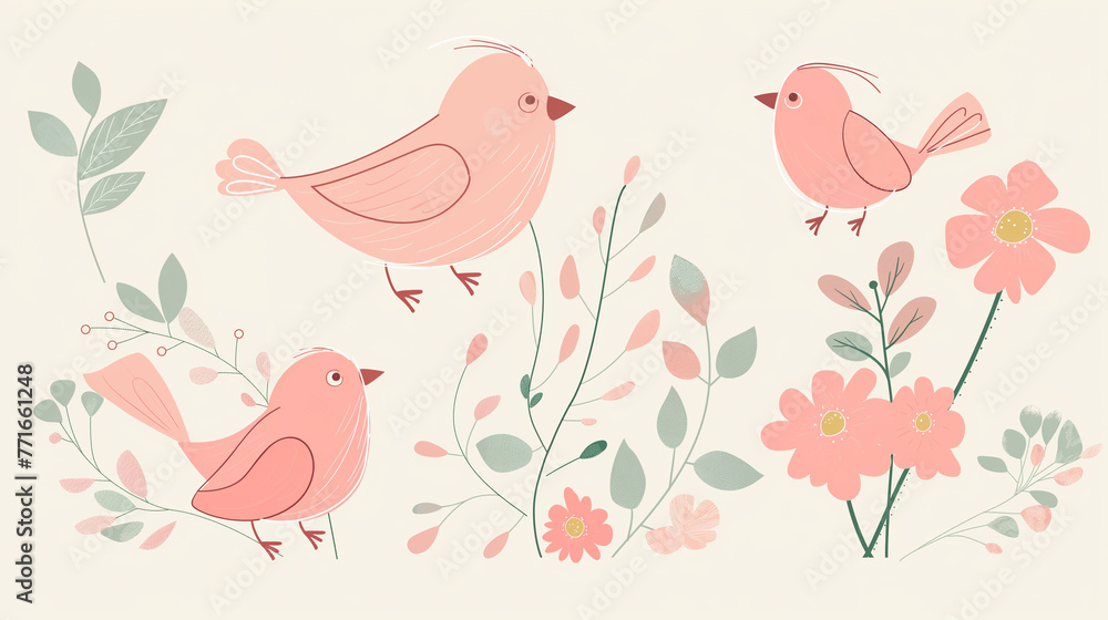 Pássaro rosa e flores da primavera - Ilustração fofa