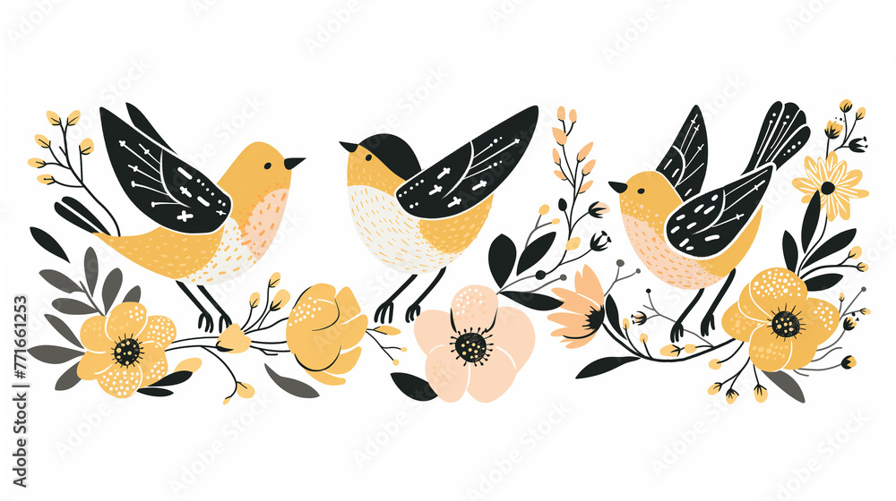 Pássaro amarelo e flores da primavera - Ilustração fofa - obrazy, fototapety, plakaty 
