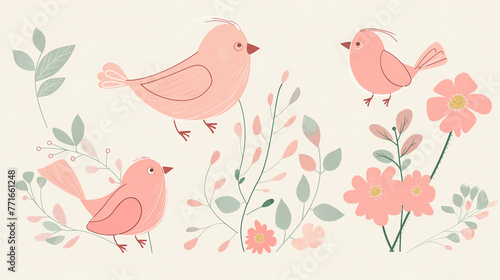 P  ssaro rosa e flores da primavera - Ilustra    o fofa
