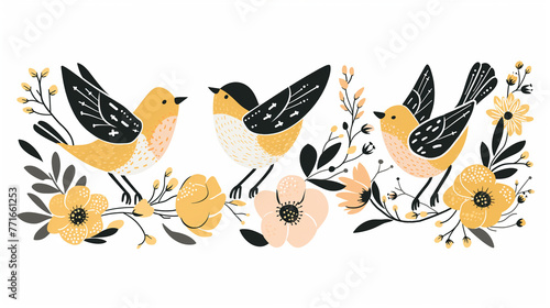 Pássaro amarelo e flores da primavera - Ilustração fofa