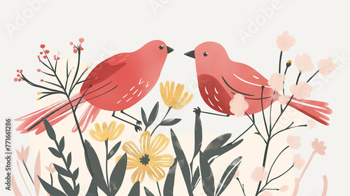 P  ssaro vermelho e flores da primavera - Ilustra    o fofa
