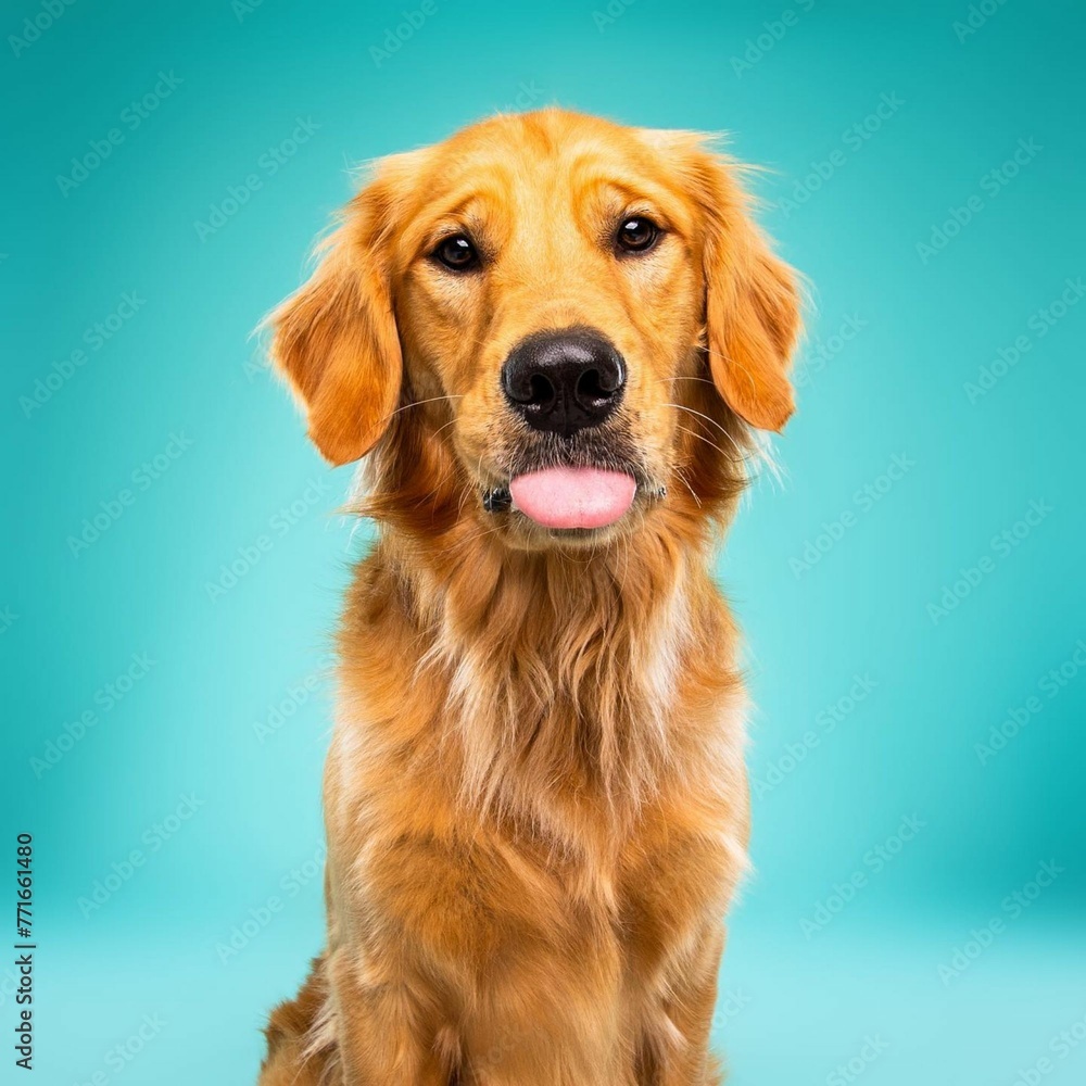 
Beautiful golden retriever dog isolated on turquoise background. looking at camera . front view. dog studio portrait.happy dog .dog isolated .puppy isolated .puppy closeup face,indoors.turquoise bac
