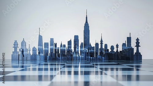 A minimalist chess set with pieces forming city skyline shadows  on a sleek background  strategic urban planning.