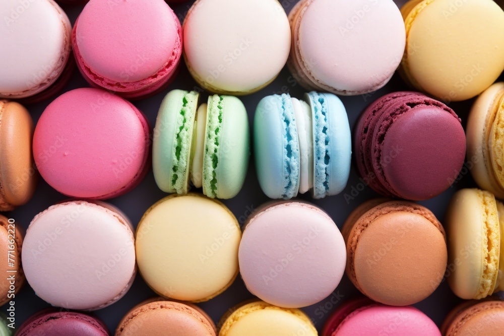 Fototapeta premium A vibrant array of pastel macaroons entice with their sweet confectionery charm