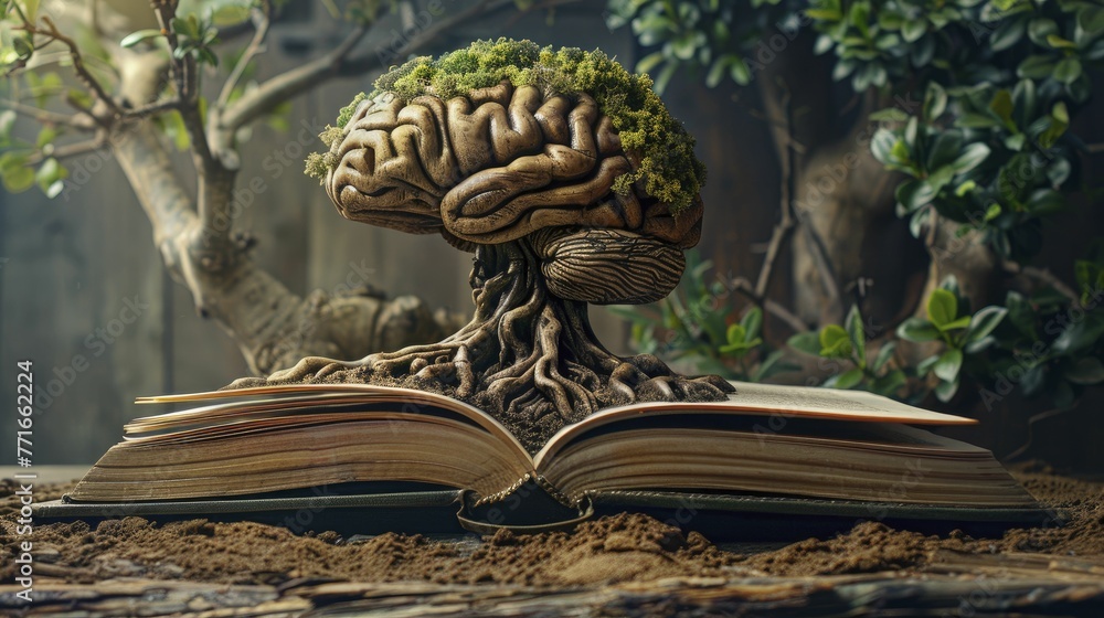 Intricate tree roots growing into the shape of a brain, atop an open ...