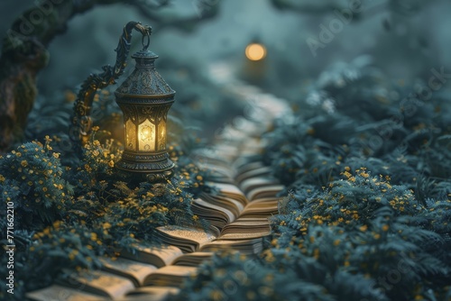 Embark on a whimsical journey through stories, guided by a dim lantern on a path of book pages. photo