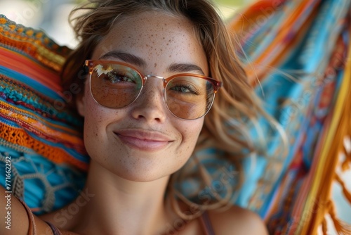 Close-up of a young freckled woman smiling with stylish sunglasses