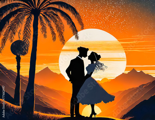 silueta de novios besándose a la puesta del sol