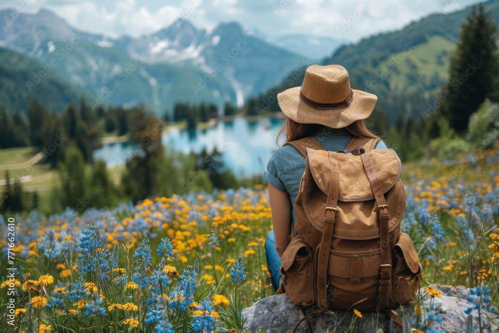 A traveler wearing a straw hat contemplates a stunning Alpine lake surrounded by mountains and wildflowers