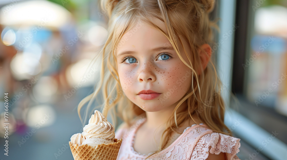 Portrait of a young girl with blue eyes holding an ice cream cone, with a soft-focus background. Portrait of a young girl with blue eyes holding an ice cream cone, with a soft-focus background.
