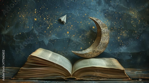 A paper airplane soared gracefully from the pages of an open book towards a moon composed of poetic quotes in the enchanting night sky, embodying a whimsical journey of imagination. photo