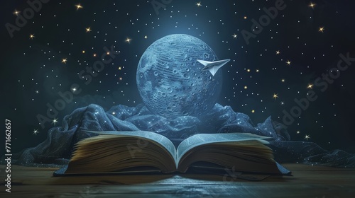 Paper airplane flying from an open book towards a moon made of quotes, on a dreamy night background, journey of imagination. © Kanisorn