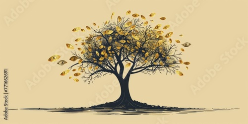 Simple, elegant outline of a tree where leaves are various currency symbols, on a minimalist background, wealth of knowledge. © Kanisorn