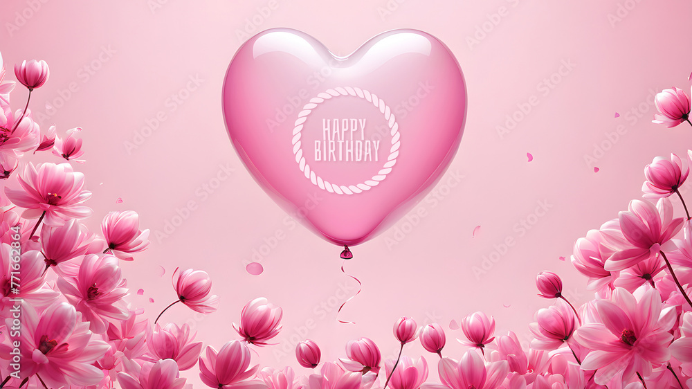  Happy birthday card with hear shaped balloon and pink flowers