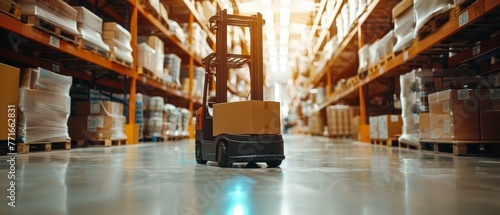 A self-driving warehouse robot loaded with boxes traverses the storage facility floor, illustrating autonomous solutions in material handling.