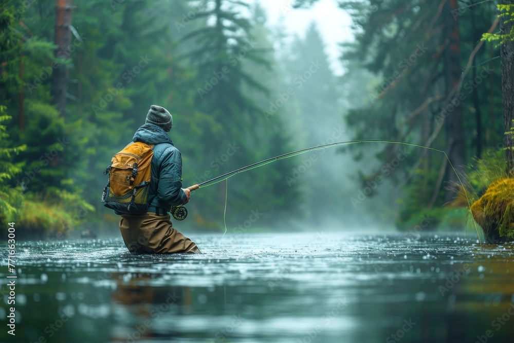 A solitary fisherman stands waist-deep in a river, casting his line in the serene, green embrace of a forested landscape A solitary fisherman stands waist-deep in a river, casting his line in the serene, green embrace of a forested landscape