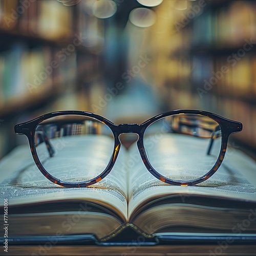 A pair of glasses in soft focus envisions an education-driven future shaped by books against a serene backdrop.