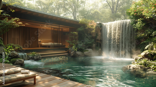 Tranquil forest retreat with modern cabin by a waterfall and serene pond, surrounded by lush greenery. © amixstudio
