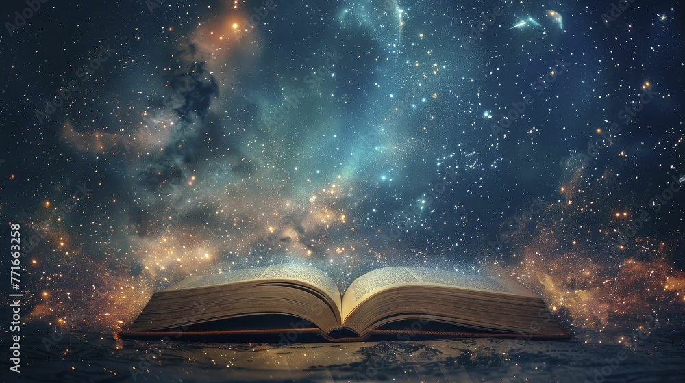 Telescope viewing a constellation forming an open book, on a starry night background, exploring the universe of knowledge. Telescope viewing a constellation forming an open book, on a starry night background, exploring the universe of knowledge.