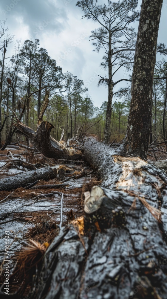 Fototapeta premium The quiet aftermath of turmoil in a forest, with sunlight piercing through the canopy onto the fallen timber.
