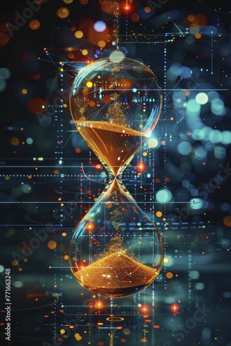 An hourglass suspends, transforming sand into digital bytes against a backdrop of the time-space continuum, blending technology with time.