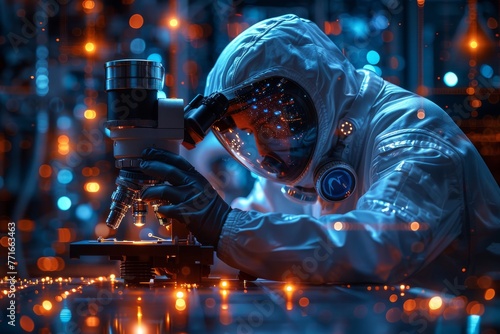 Image depicts a scientist in protective gear intensely focusing on a sample under a microscope in a high-tech lab environment