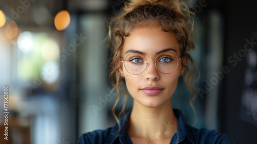 Portrait of a young woman with glasses, featuring soft bokeh background, conveying a casual and approachable vibe. photo