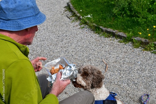 Mann und sein Lagotto Romagnolo Hund teilen sich eine Mahlzeit  photo