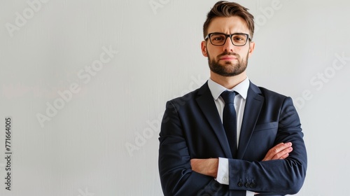 Serious businessman in a suit with crossed arms. Professional corporate portrait with a clean background for design and banner.