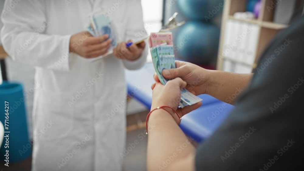 Man handing rmb to doctor in clinic, depicting healthcare payment in an indoor setting. Man handing rmb to doctor in clinic, depicting healthcare payment in an indoor setting.