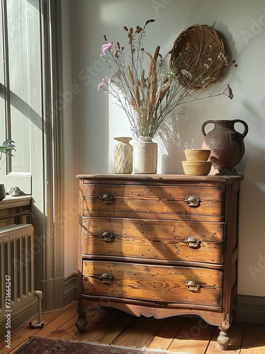 Cozy interior with vintage wooden chest of drawers, ceramic vases, and dried flowers in sunlight.