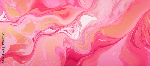 A detailed closeup of a vibrant pink and orange marble texture showcasing a blend of magenta, peach, and carmine colors. A beautiful pattern for art and painting enthusiasts