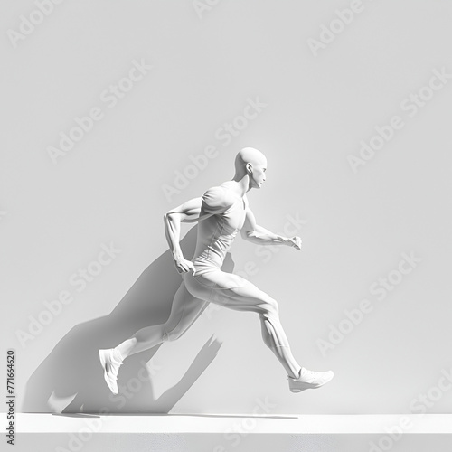 A muscled white colored man races on a white background, monochromatic, minimalist with plenty of copy space, sport, health