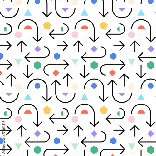 Dynamic vector pattern with arrows and geometric shapes. Sleek lines and vibrant colors create a sense of movement and modernity