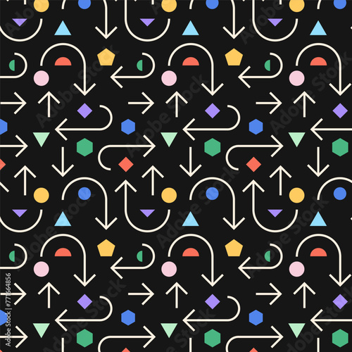 Dynamic vector pattern with arrows and geometric shapes. Sleek lines and vibrant colors create a sense of movement and modernity