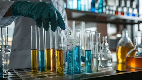 A scientist conducts an experiment by adding a chemical liquid to a test tube as part of scientific research and development.